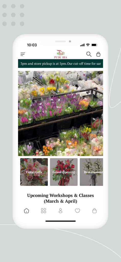 PR Florist - PR Floristモバイルアプリのホーム画面。様々な花の種類やギフトオプションが表示されています。