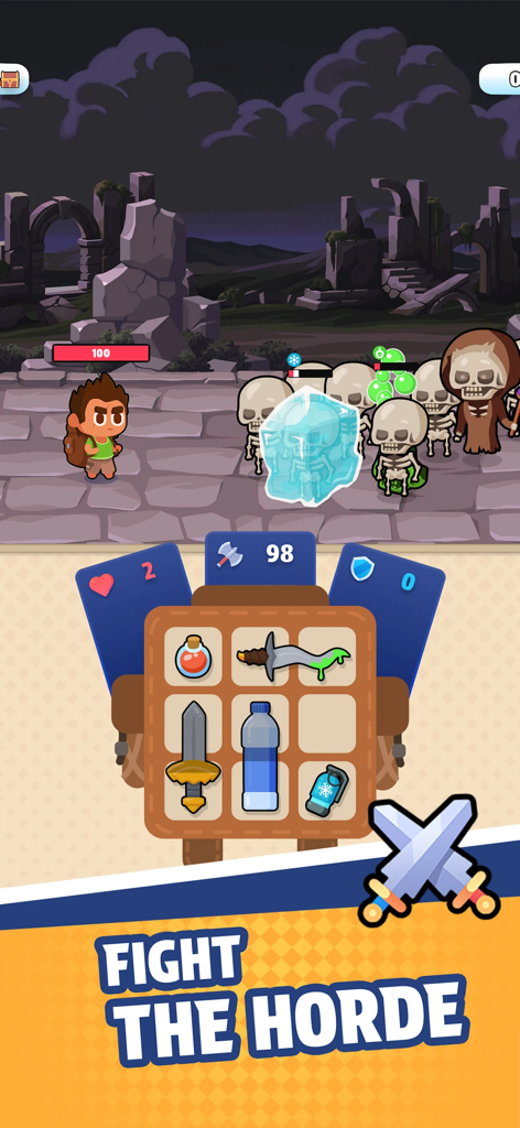 Bag Fight - Bag Fight mobile game screenshot showing combat against a skeleton horde and inventory management.