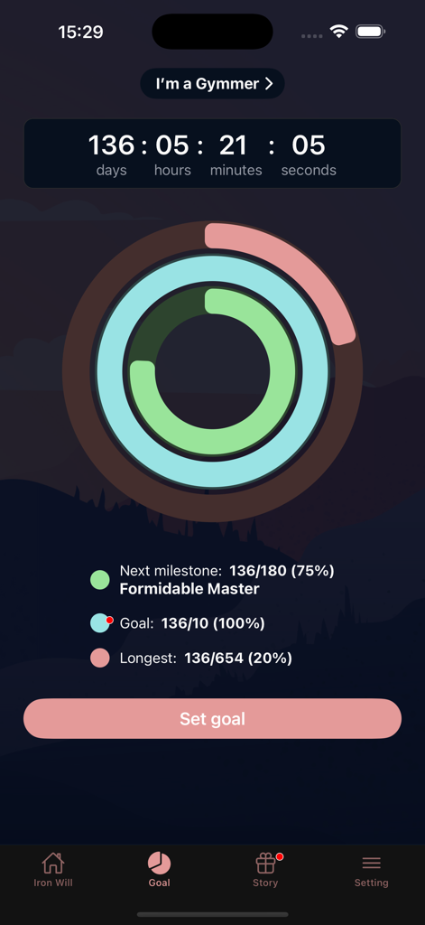Iron Will: Quit your addiction - Iron Will app goal progress screen showing a habit timer and milestone tracking rings