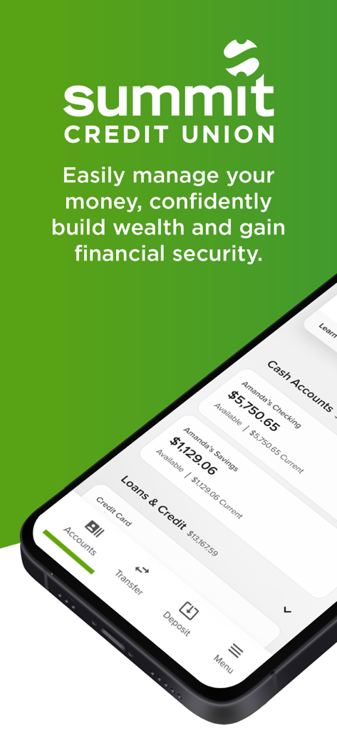 Summit Credit Union - Summit Credit Union mobile app showing cash account balances and financial management tools on a smartphone screen.