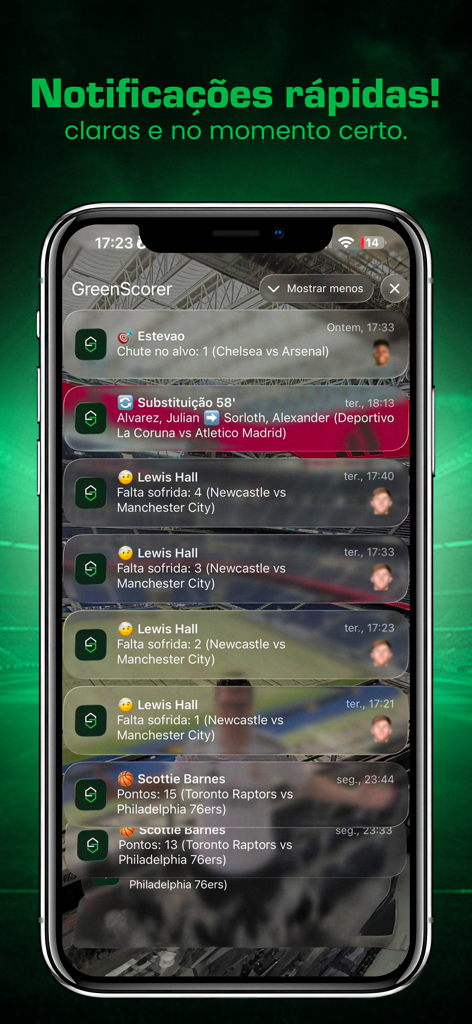 GreenScorer Analise - Interface do aplicativo GreenScorer mostrando uma lista de notificações esportivas em tempo real em um iPhone