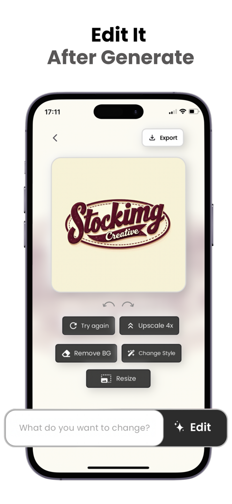 Interfaz de la aplicación Stockimg AI mostrando herramientas de edición post-generación para un logo.