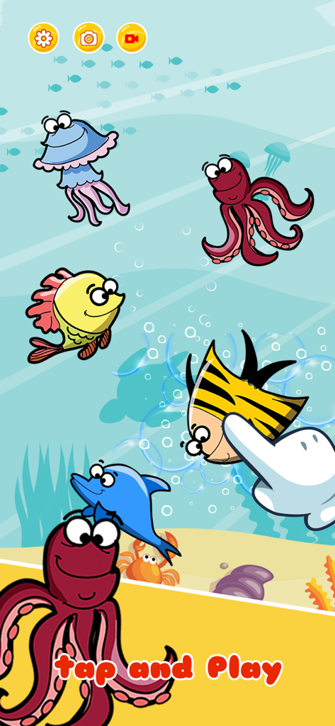 Baby rattle games: Kids lock - Underwater cartoon scene with colorful sea animals and a hand icon showing how to tap and play