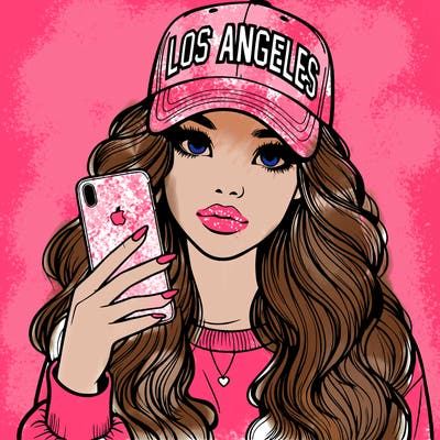 realistic beautiful girl wearing los ángeles cap holding an iphone
