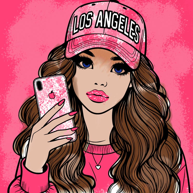 realistic beautiful girl wearing los ángeles cap holding an iphone