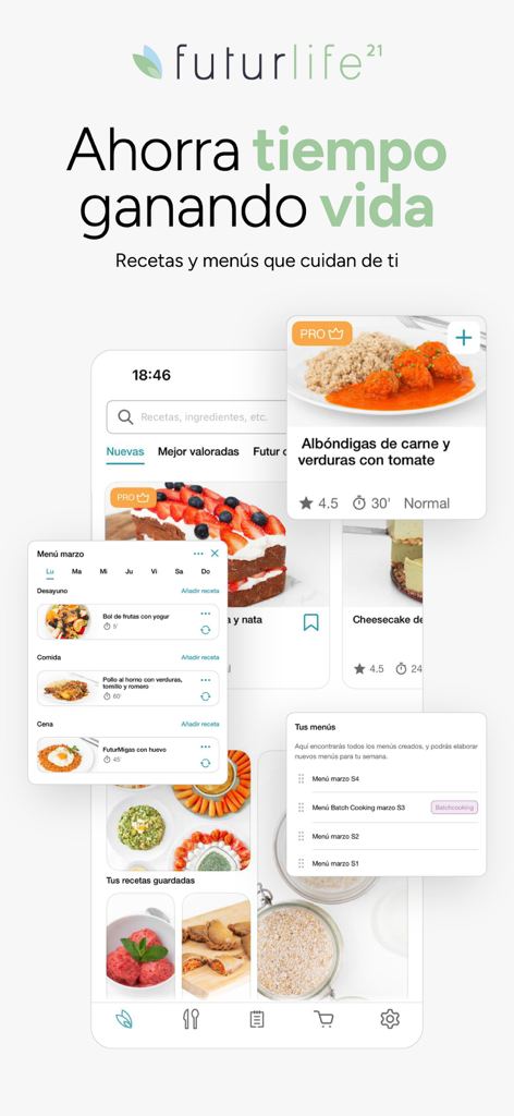 FuturApp - FuturApp-Oberfläche mit gesunden Rezepten und wöchentlicher Essensplanung für ausgewogene Ernährung