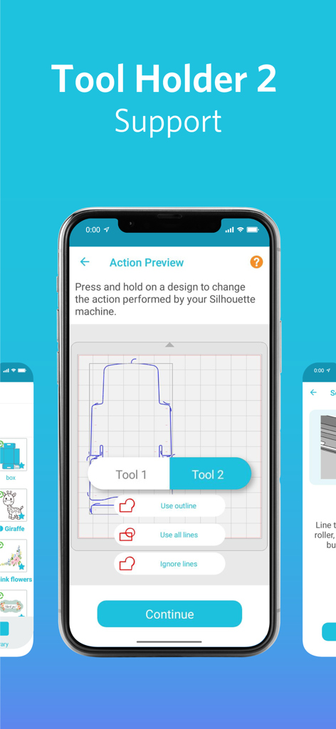 Silhouette Go - Silhouette Go mobile app showing tool holder settings and design preview for cutting machines