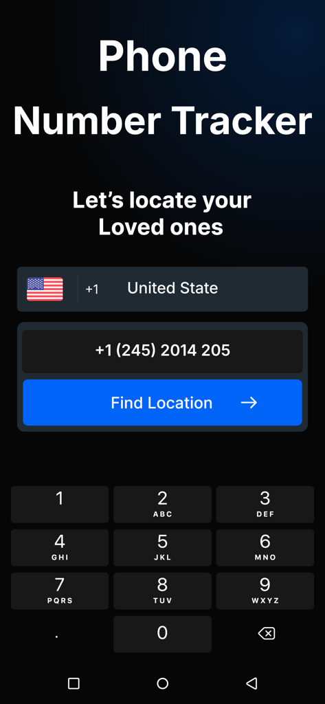 Phone Number Location Finder - 電話番号トラッカーアプリのインターフェース、番号入力フィールドと場所検索ボタン