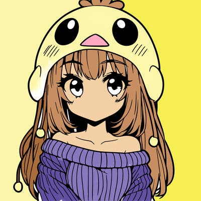 anime girl with chick shaped hat with sweater with bare shoulders with bangs covering them one eye with low tail