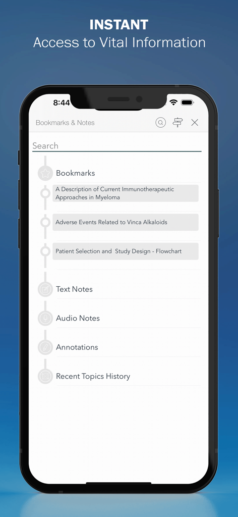 Cancer Pharmacology Manual - Interfaz de la aplicación Manual de Farmacología Oncológica mostrando notas de marcadores y funciones de búsqueda para un acceso rápido a información médica