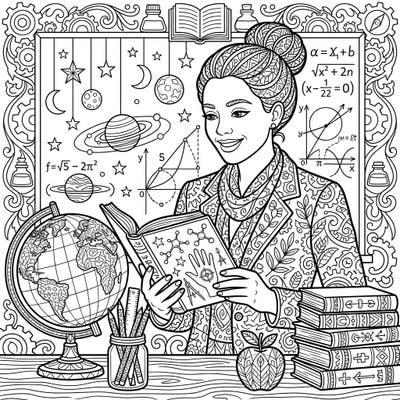 Immerse yourself in the world of education with this beautifully detailed adult coloring page of a teacher. Adorned with intricate patterns and surrounded by academic and cosmic symbols, it's a perfect blend of learning and artistic relaxation.