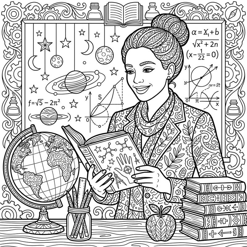 Immerse yourself in the world of education with this beautifully detailed adult coloring page of a teacher. Adorned with intricate patterns and surrounded by academic and cosmic symbols, it's a perfect blend of learning and artistic relaxation.