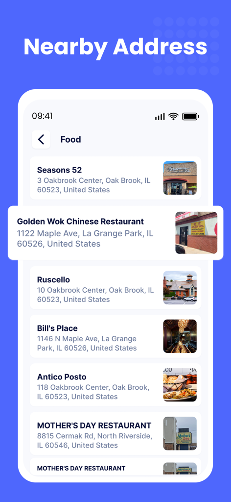 Street View - Live 3D GPS Map - A mobile app interface displaying a list of nearby restaurants and food locations with their addresses and preview photos.
