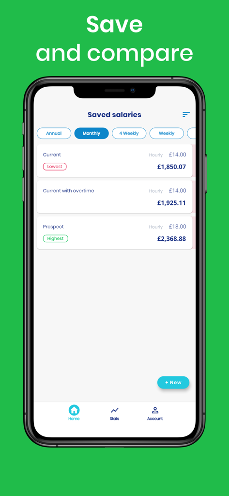Pantalla de la aplicación móvil que muestra una lista de cálculos salariales guardados para comparar el salario neto mensual