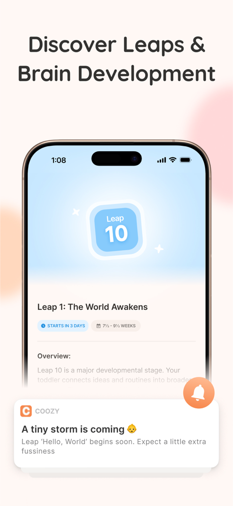 Coozy app interface displaying developmental leap tracking and a growth spurt notification for parents