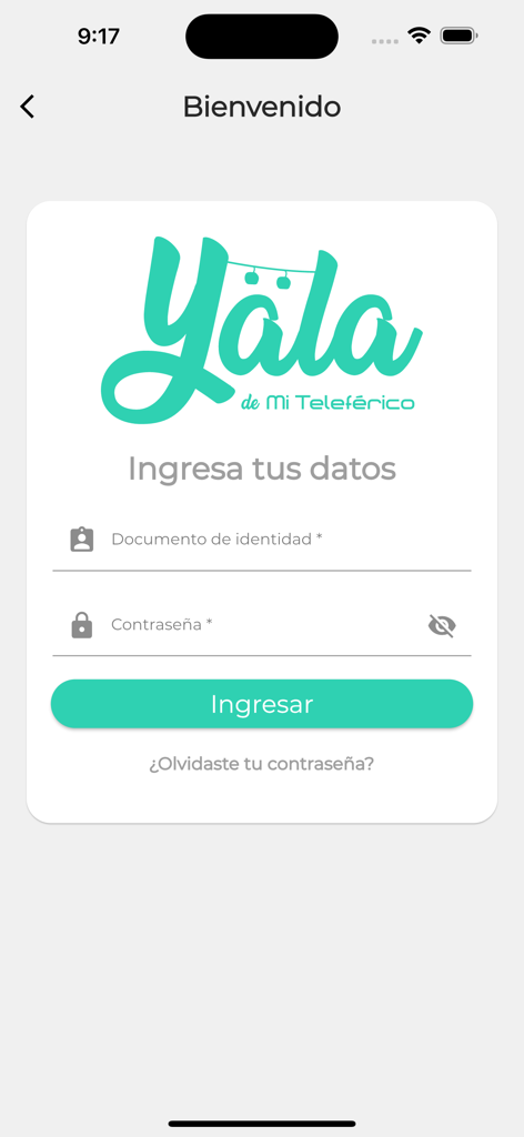 Yala Mi Teleférico - Login screen for the Yala Mi Teleferico transit app showing identity document and password input fields.
