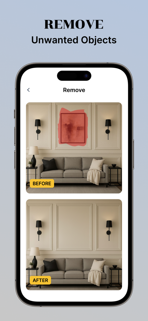 AI Home Decor: Interior Design - Comparación de antes y después que muestra la eliminación de una pintura de una pared de sala de estar por parte de la IA
