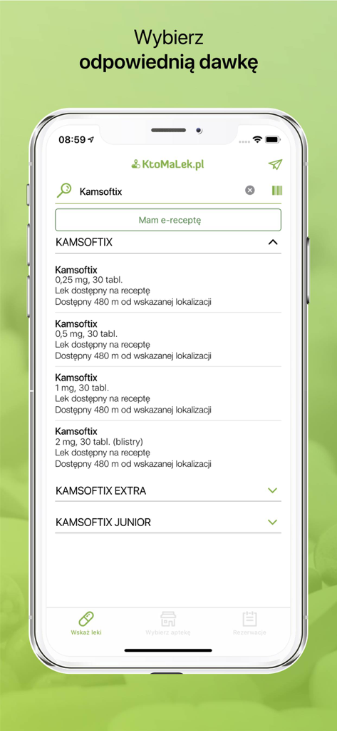 Tela móvel do aplicativo KtoMaLek mostrando diferentes opções de dosagem para um medicamento e sua disponibilidade em farmácias próximas