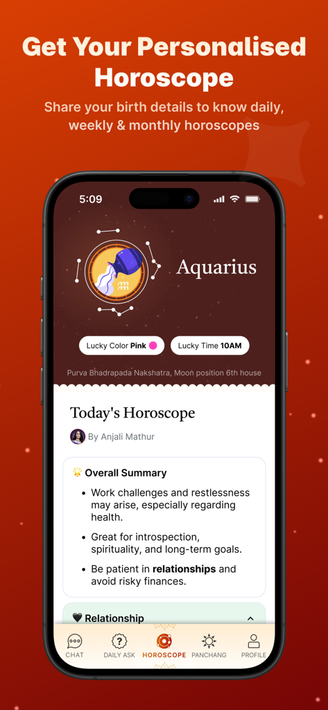 NeoAstro Daily Astrology App - Horóscopo védico diario personalizado para el signo de Acuario en la aplicación NeoAstro que muestra factores de suerte y detalles de nakshatra