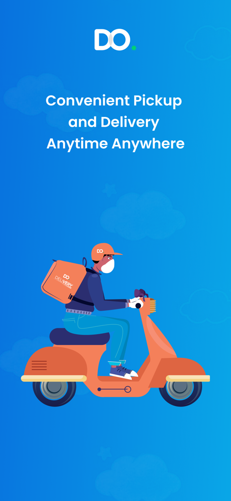 Illustration of a courier on an orange scooter for the DoDelivery app with text saying Convenient Pickup and Delivery Anytime Anywhere