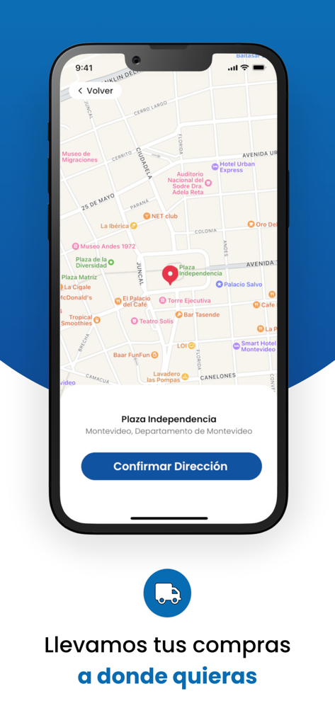 Devoto - Devotoアプリの地図インターフェースを表示するスマートフォンの画面。独立広場にピンがあり、配送先住所を確認するボタンがあります。