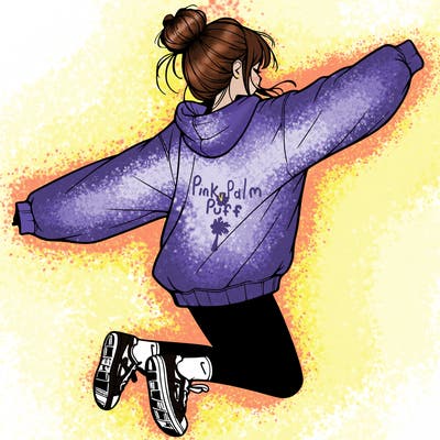 realistic girl jumping with a bun and oversized sweatshirt