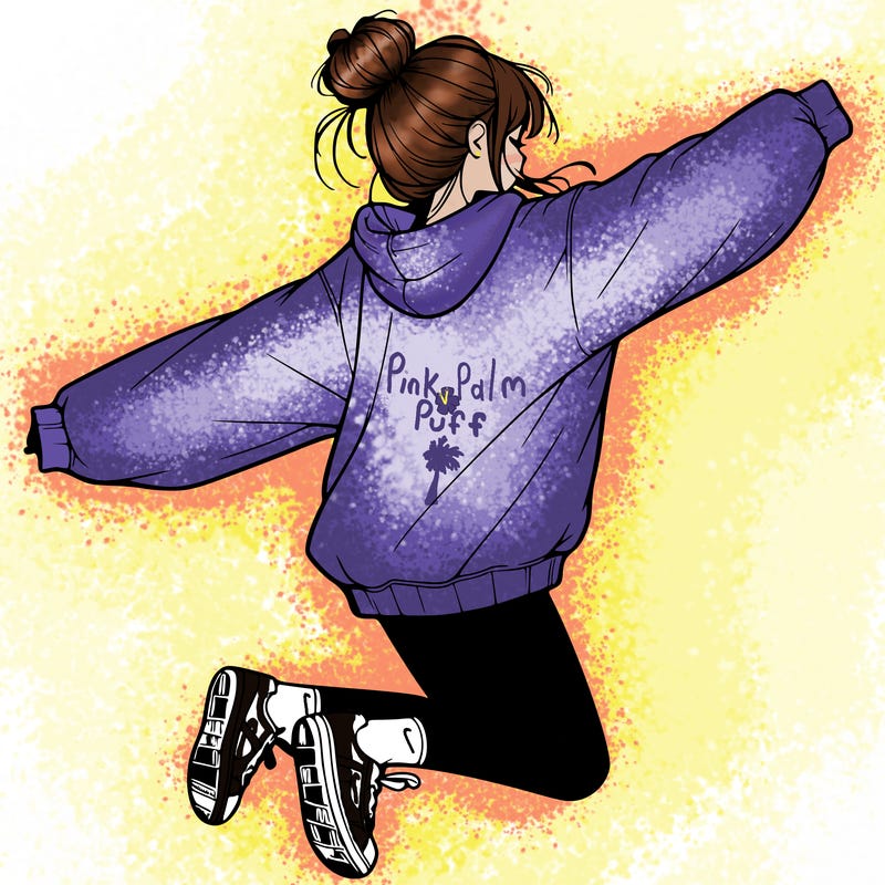 realistic girl jumping with a bun and oversized sweatshirt