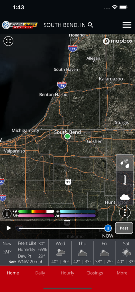 WSBTweather app interface showing a high resolution radar map of South Bend Indiana and local daily weather forecast