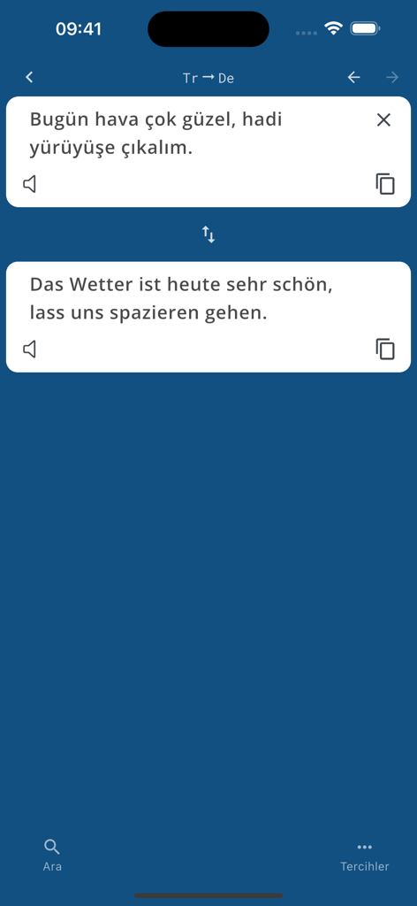 German Turkish Dictionary DeTr - Uma captura de tela do aplicativo DeTr mostrando uma interface de tradução de frases de turco para alemão com áudio e opções de cópia.