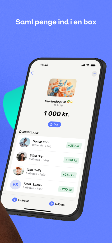 MobilePay app screen showing the group collection feature for a hostess gift with contributions from multiple people