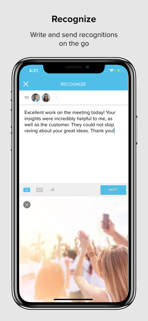 A smartphone screen showing the Achievers app recognize feature with a positive employee feedback message.