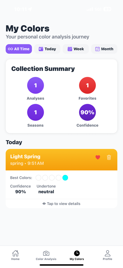 Dashboard di analisi del colore personale che mostra i risultati stagionali e le metriche