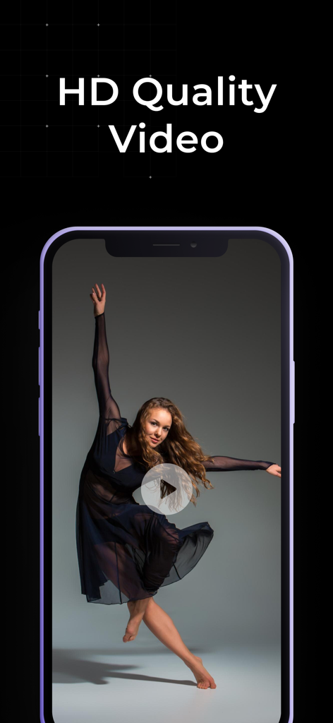 BlackHole ® - Ein Smartphone, das ein hochauflösendes Video eines Tänzers mit der BlackHole App anzeigt, mit dem Text HD Quality Video darüber.