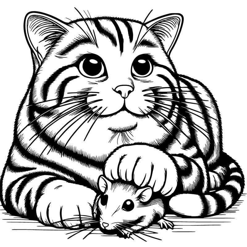 realistic cat with a mouses head poking out from underneath the cats paw