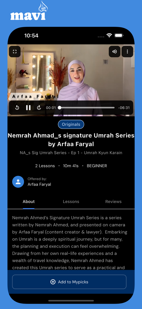 Mavi App - Mavi App interface showing a video course lesson from the Umrah series for women