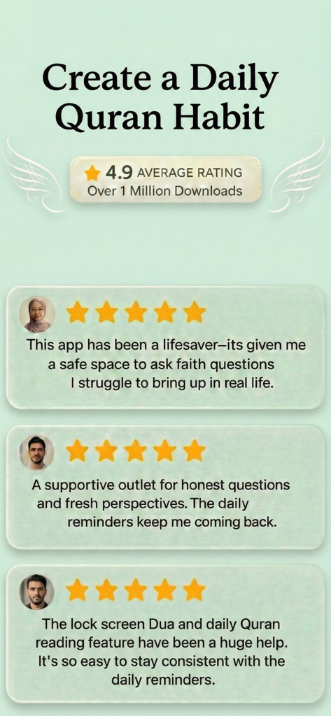 User reviews and high rating badge for the Dua Chat Quran and Prayer app highlighting its 4.9 average rating and daily habit features.