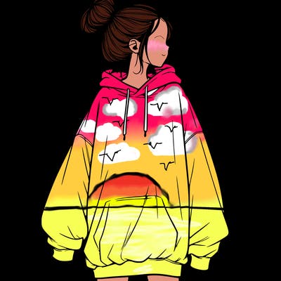realistic girl with a oversized sweatshirt on and a bun
