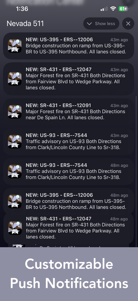 Nevada 511 Road Conditions - Nevada 511 app push notifications showing real-time road alerts and closures on a smartphone screen