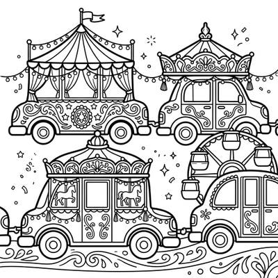 Embark on a joyful journey with this unique coloring page featuring passenger cars transformed into an enchanting carnival parade. Each car boasts intricate details, from big top tents to Ferris wheels, promising hours of creative coloring fun.