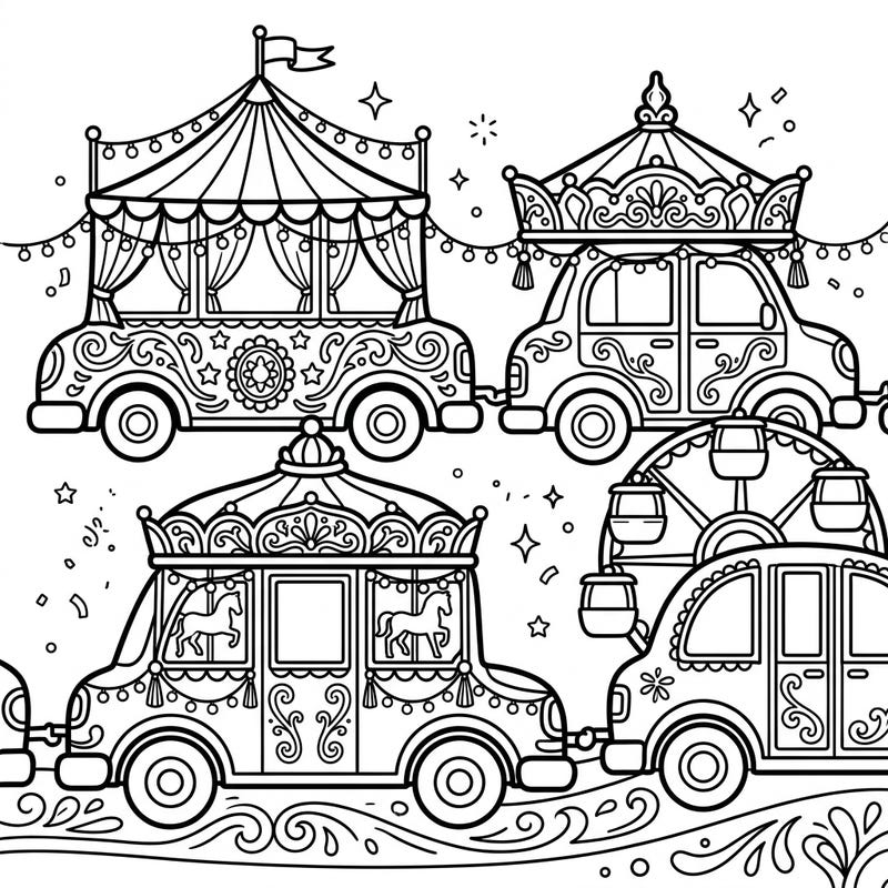 Embark on a joyful journey with this unique coloring page featuring passenger cars transformed into an enchanting carnival parade. Each car boasts intricate details, from big top tents to Ferris wheels, promising hours of creative coloring fun.