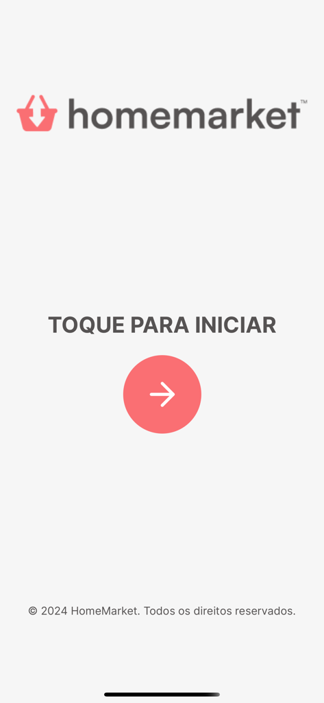 Tela de boas-vindas do aplicativo HomeMarket com o logotipo e um botão para iniciar