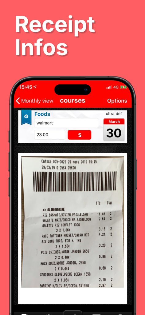 Interfaccia dell'app ScanTicket che visualizza informazioni dettagliate e una scansione digitale di una ricevuta Walmart