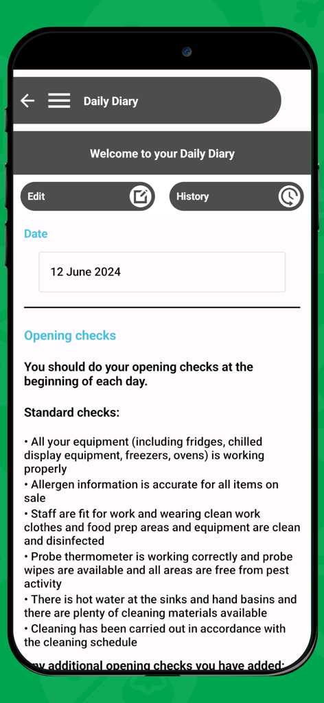 SFBB+ - SFBB+ mobile app daily diary screen displaying standard opening checks for food safety compliance.