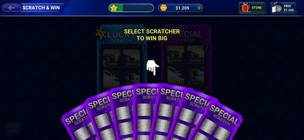 플링코 온라인의 스크래치 및 당첨 화면에 있는 보라색 특수 스크래처 카드.