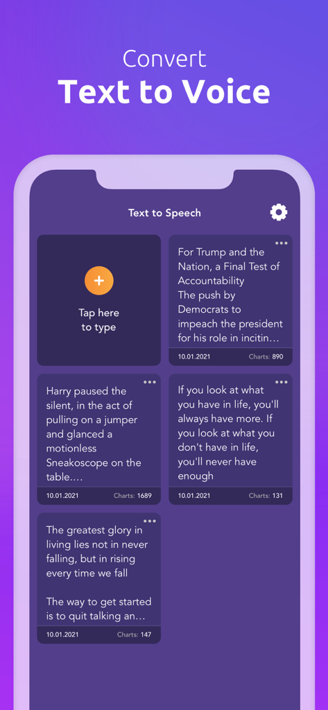 Text To Speech: Natural Voices - Main interface of the Text To Speech app showing saved text blocks ready for natural voice conversion