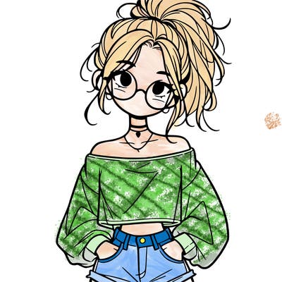 girl with a messy ponytail glasses a baggy crop top and jean shorts