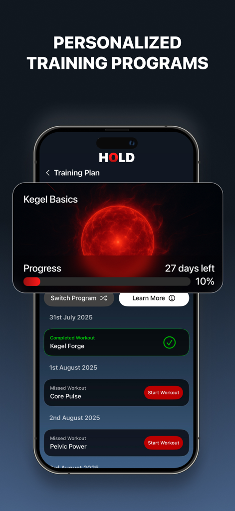 HOLD: Last Longer Kegels - Mobile dashboard of the HOLD app showing personalized Kegel training programs and daily workout progress