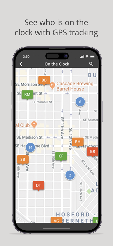 Time Tracker by eBillity - GPS tracking map showing real-time employee locations in the Time Tracker app