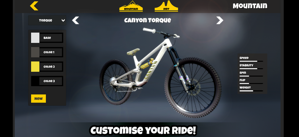 Shred! 2 - ft Sam Pilgrim 2023 - Schermata di personalizzazione della mountain bike in Shred 2 con una Canyon Torque bianca e statistiche delle prestazioni