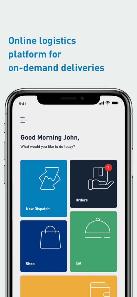 EasyDispatch - EasyDispatch app home screen showing dashboard tiles for new dispatch orders shop and eat